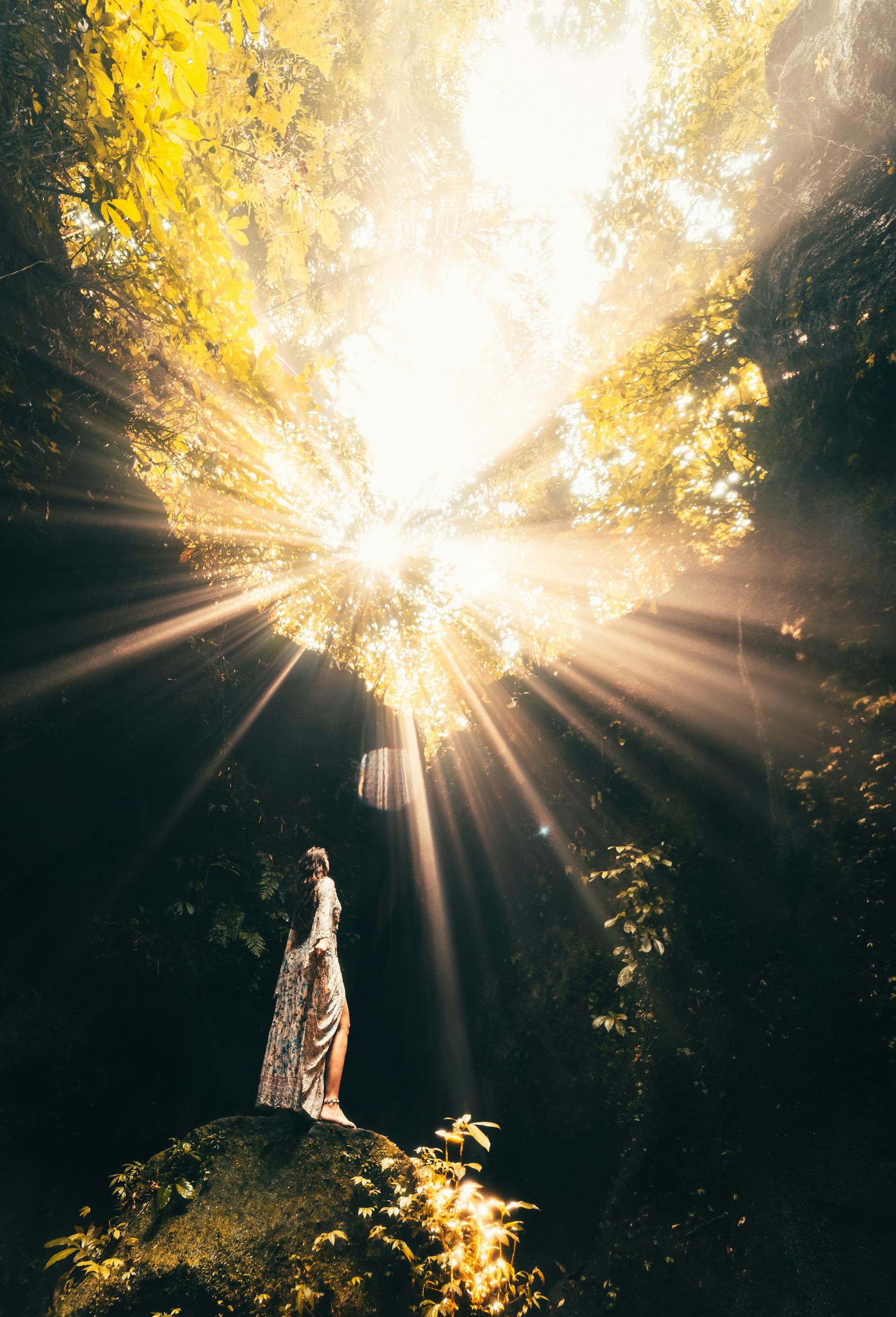 A woman stands on a rock in a sunlit tropical forest with sunbeams shining through the canopy in Bali, Indonesia.